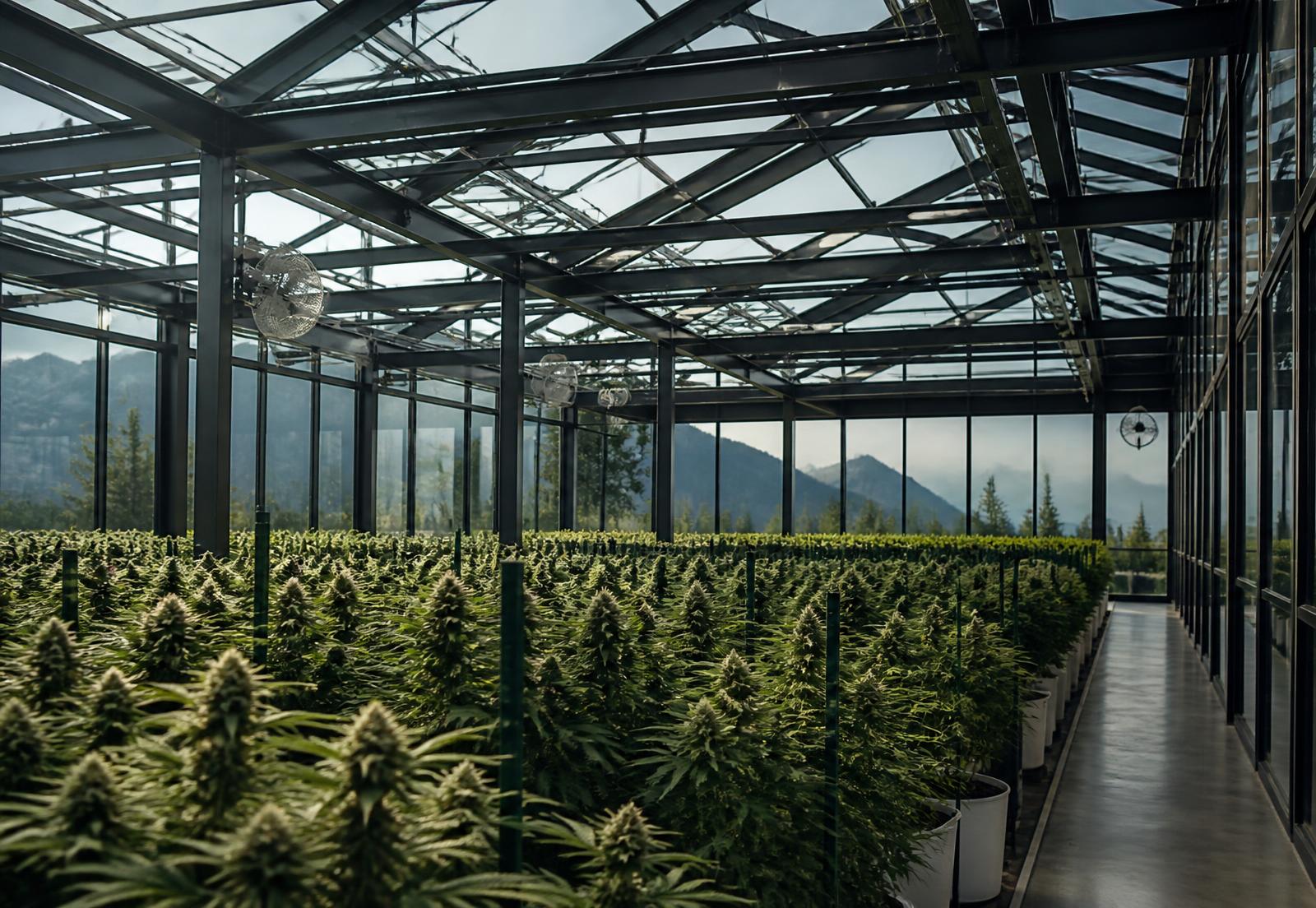 Rows of cannabis plants inside a modern commercial greenhouse facility
